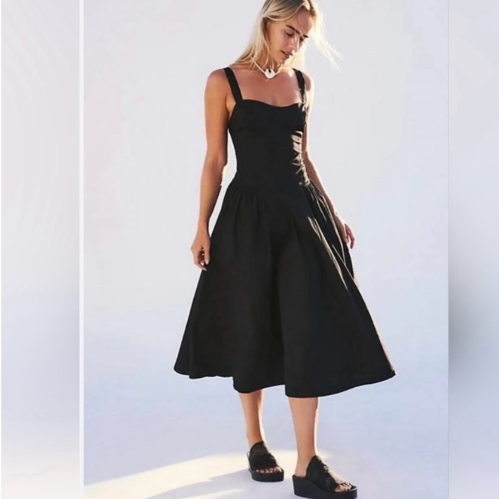 Free People Paolo Midi Dress Black Apron Sweetheart Neck Sz L